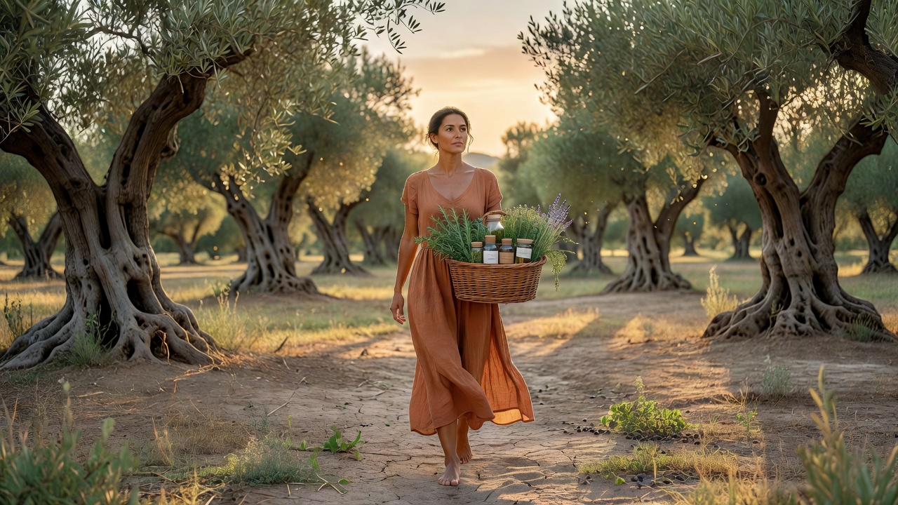 Mujer en un campo de olivos
